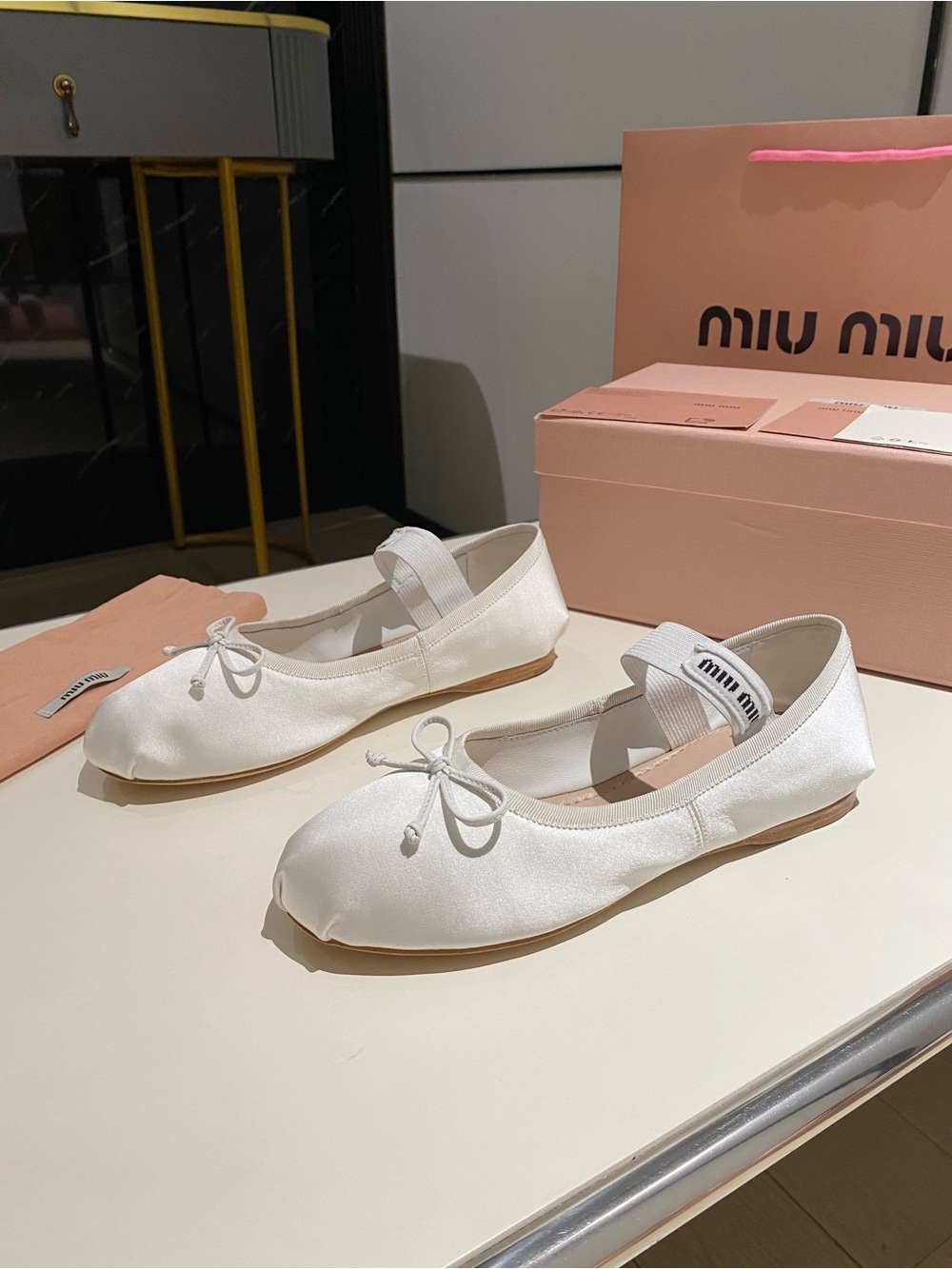 Miu Miu White Satin Ballet Flats with Logo Elastic Strap and Bow - Picture 3 of 6